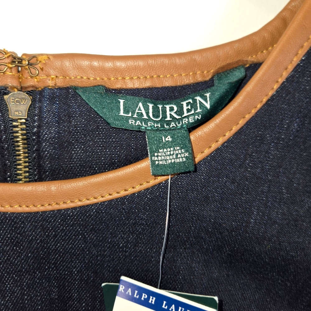 Lauren Ralph Lauren Women Indigo Denim Leather Trim Sheath Dress 14 Grove St - Picture 3 of 10